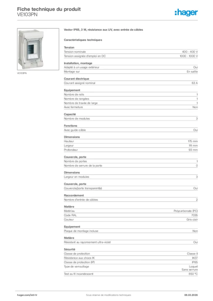 Image Hager Fiche technique du produit VE103PN | Hager Afrique