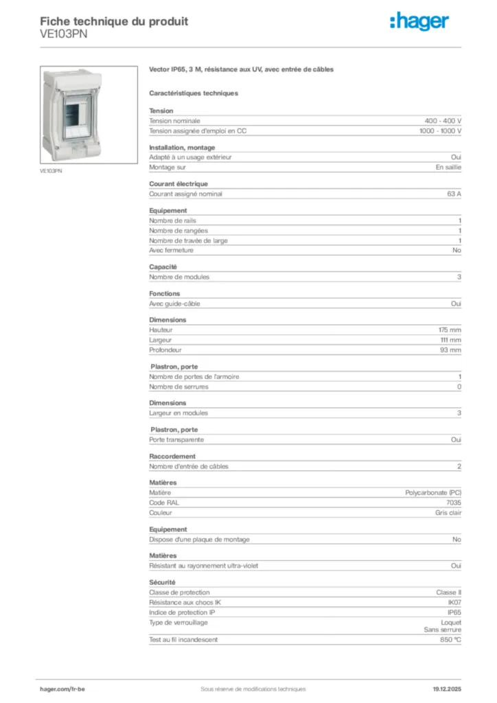 Image Hager Fiche technique du produit VE103PN | Hager Belgique