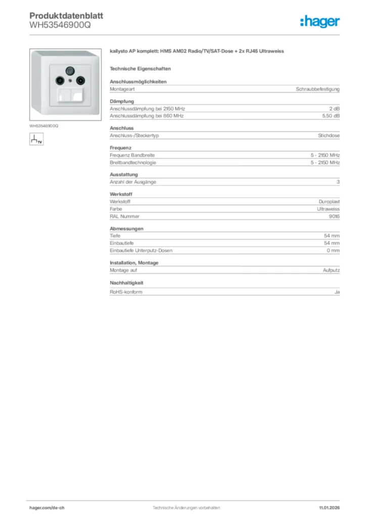 Bild Hager Produktdatenblatt WH53546900Q | Hager Schweiz