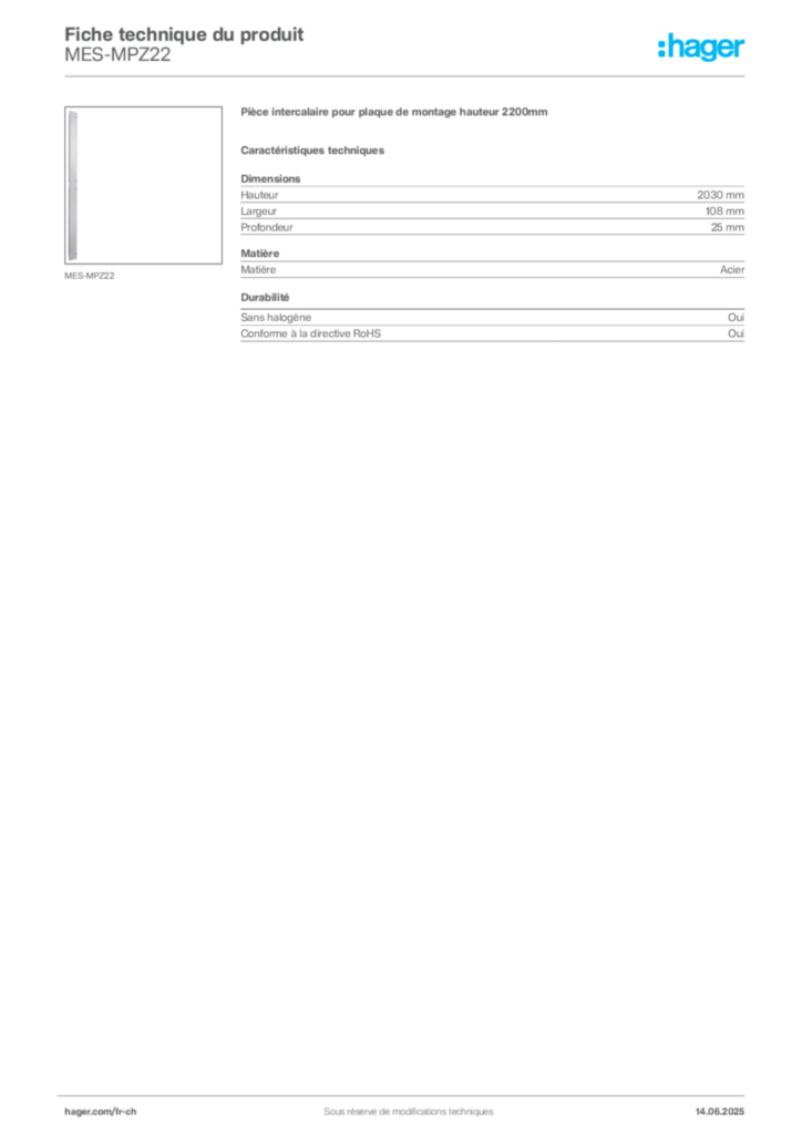 Image Hager Fiche technique du produit MES-MPZ22 | Hager Suisse