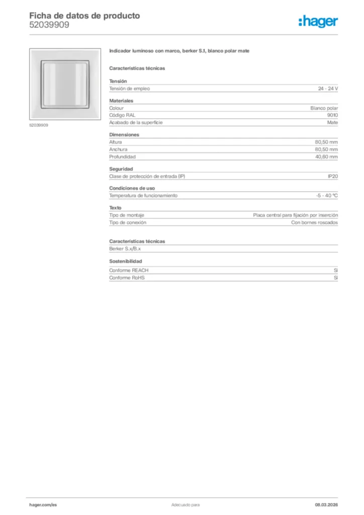 Imagen Hager Ficha de datos de producto 52039909 | Hager España