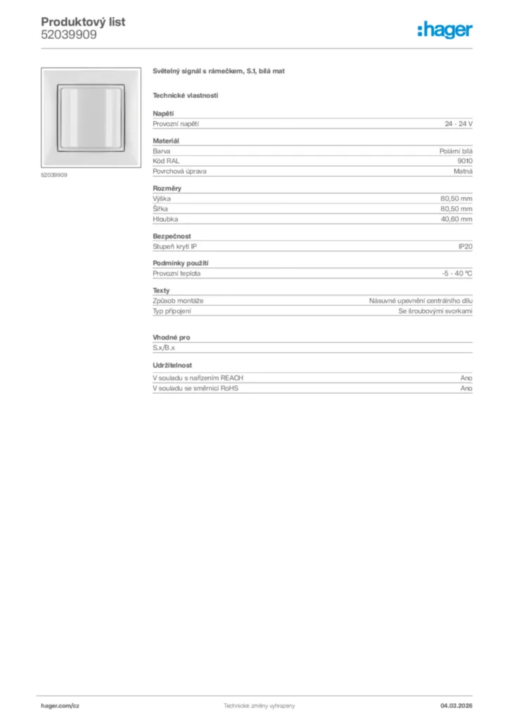 Obrázek Hager Product data sheet 52039909 | Hager