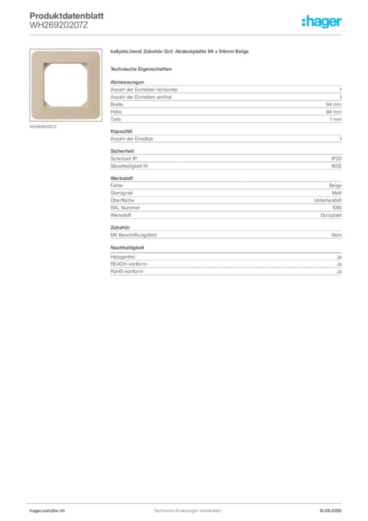 Bild Hager Produktdatenblatt WH26920207Z | Hager Schweiz