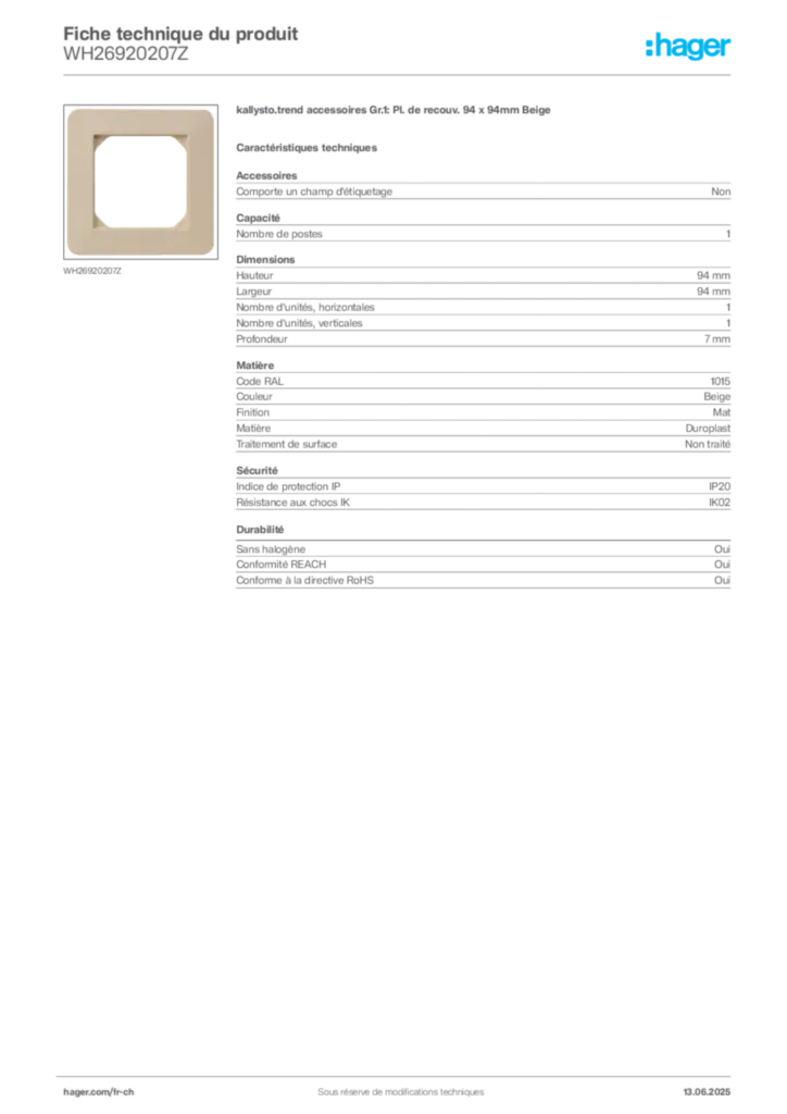 Image Hager Fiche technique du produit WH26920207Z | Hager Suisse