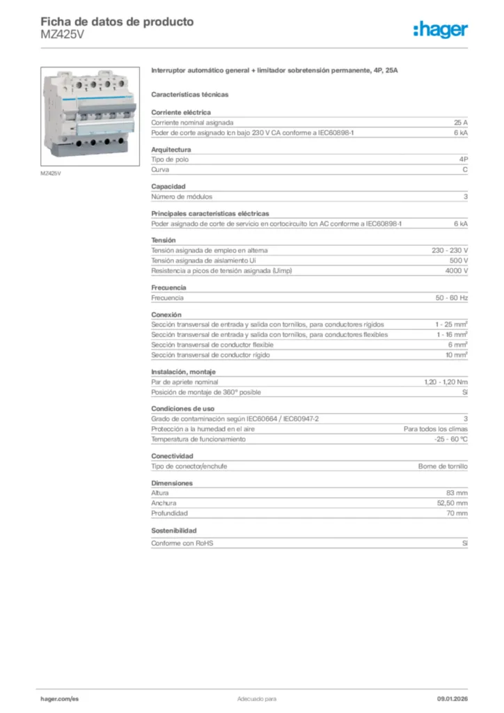 Imagen Hager Ficha de datos de producto MZ425V | Hager España