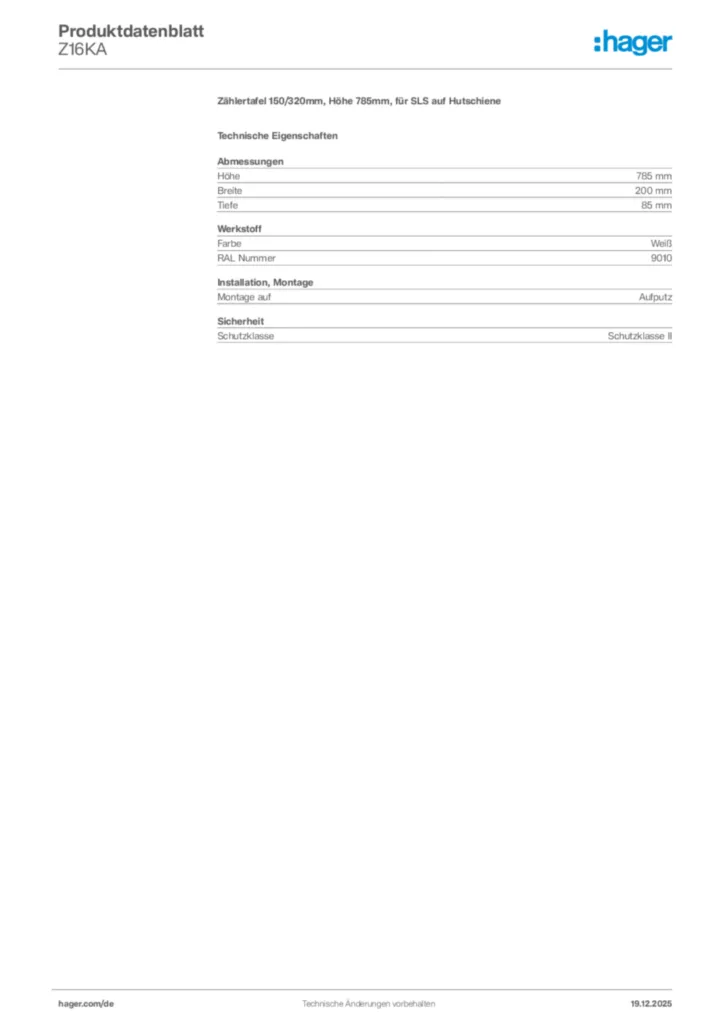 Bild Hager Produktdatenblatt Z16KA | Hager Deutschland