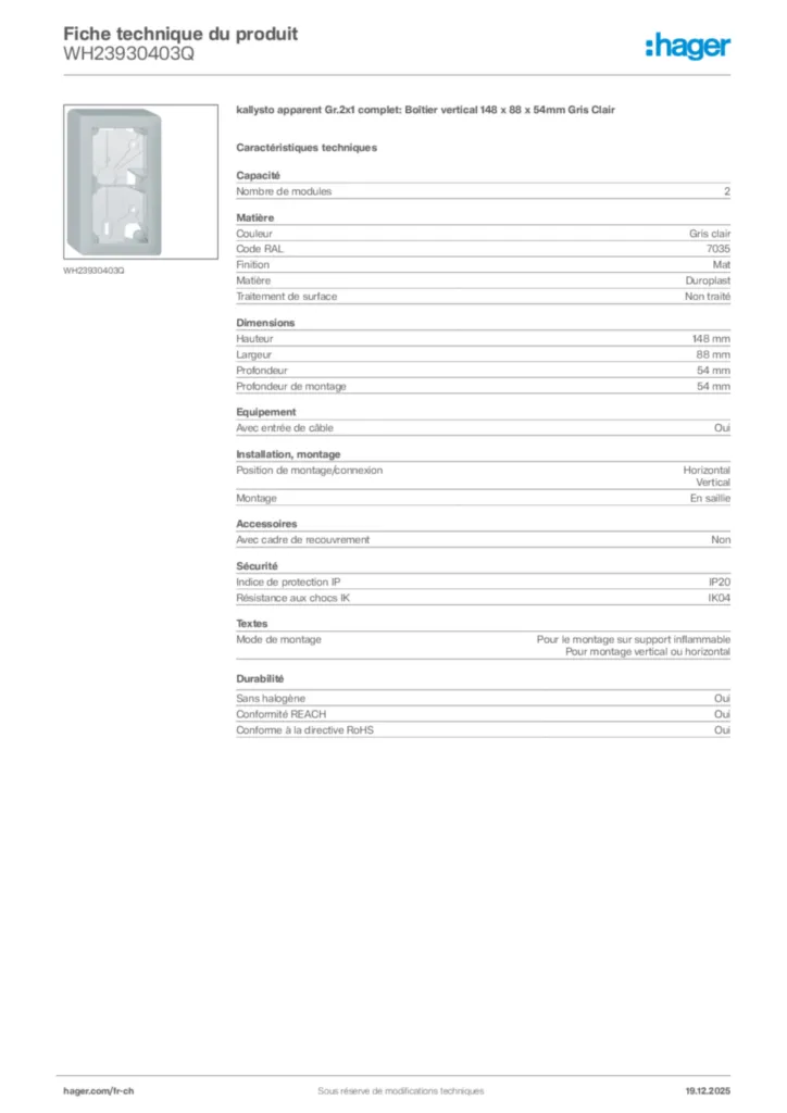Image Hager Fiche technique du produit WH23930403Q | Hager Suisse