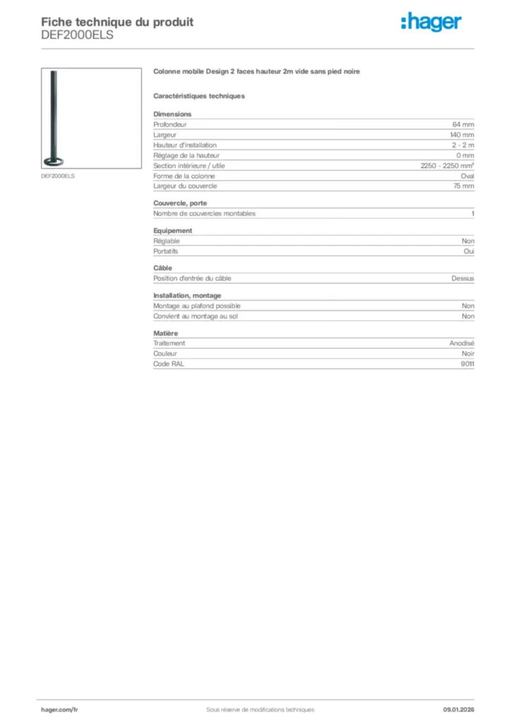 Image Hager Fiche technique du produit DEF2000ELS | Hager France