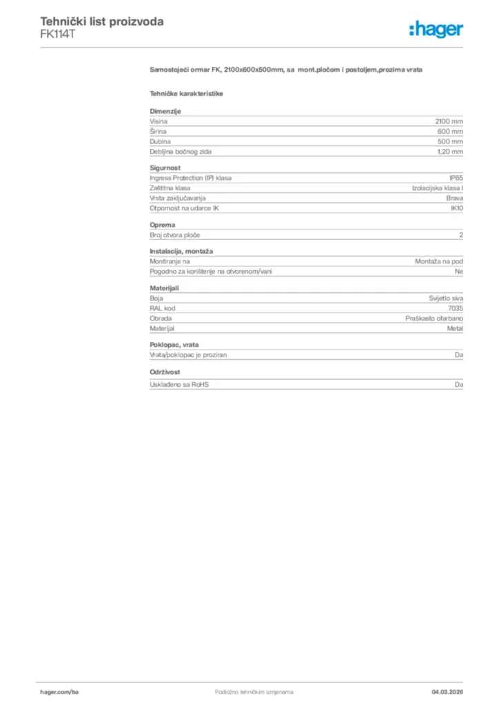 Slika Hager Tehnički list proizvoda FK114T  | Hager