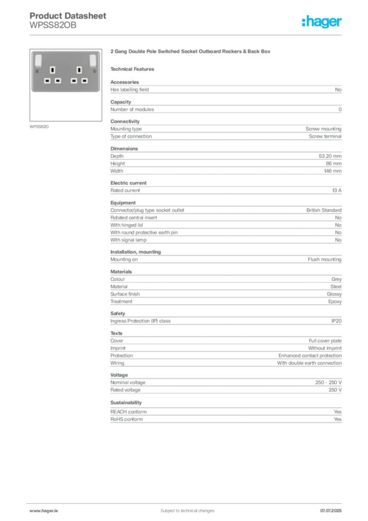 Image Hager Product data sheet WPSS82OB  | Hager