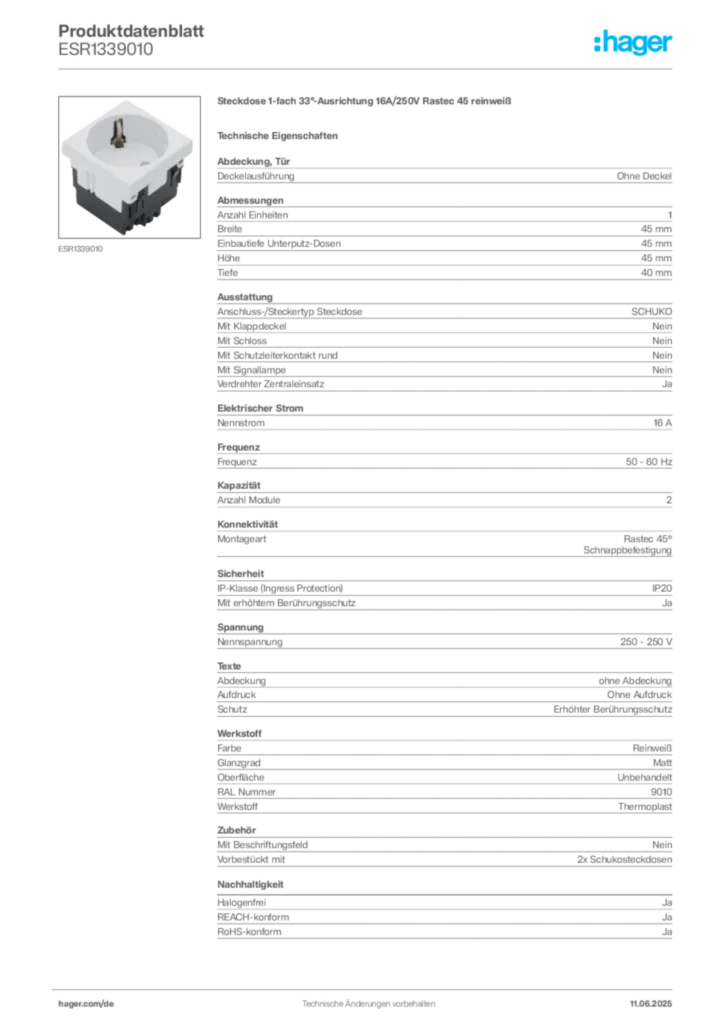 Bild Hager Produktdatenblatt ESR1339010 | Hager Deutschland