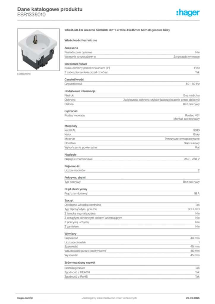 Zdjęcie Hager Karta katalogowa ESR1339010 | Hager Polska