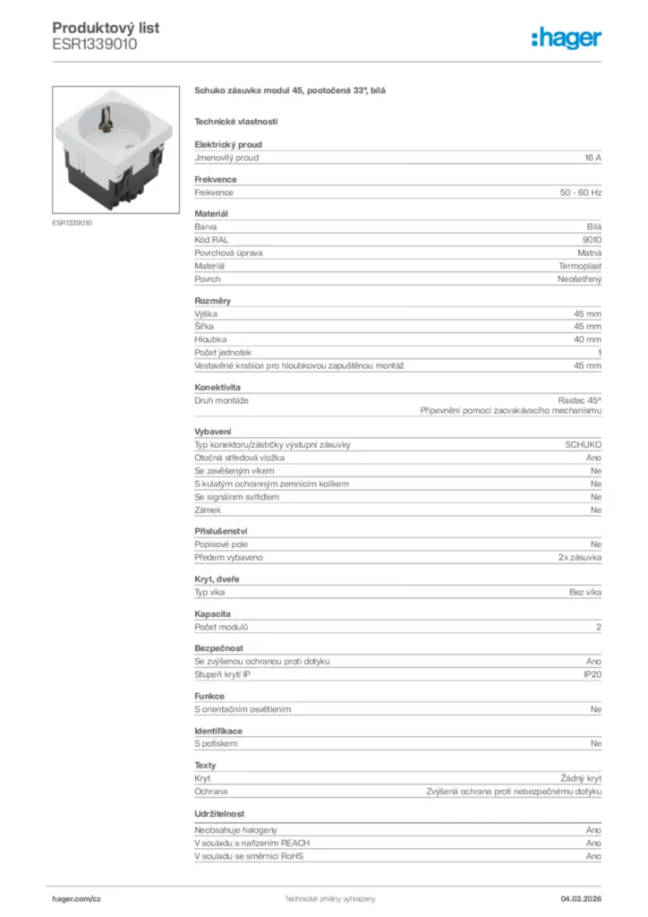 Obrázek Hager Product data sheet ESR1339010 | Hager