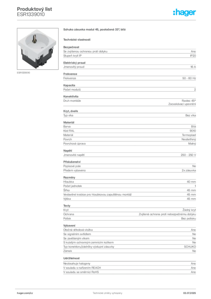 Obrázek Hager Produktový list ESR1339010 | Hager