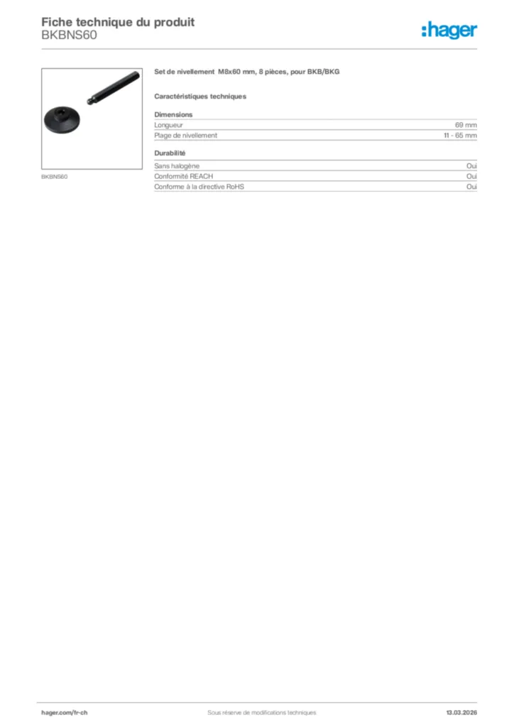Image Hager Fiche technique du produit BKBNS60 | Hager Suisse