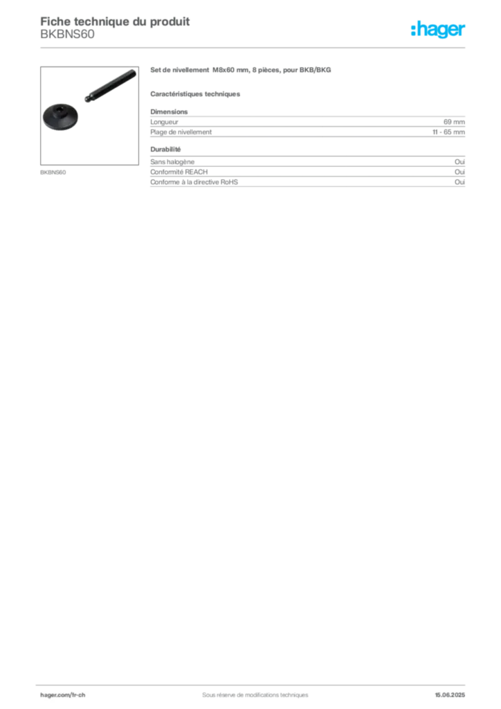 Image Hager Fiche technique du produit BKBNS60 | Hager Suisse