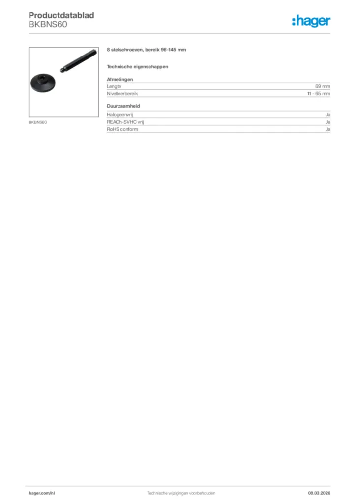 Afbeelding Hager Productdatablad BKBNS60 | Hager Nederland