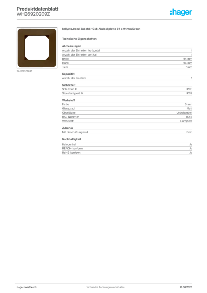 Bild Hager Produktdatenblatt WH26920209Z | Hager Schweiz