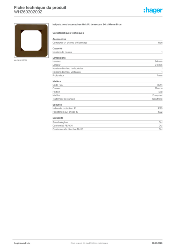 Image Hager Fiche technique du produit WH26920209Z | Hager Suisse