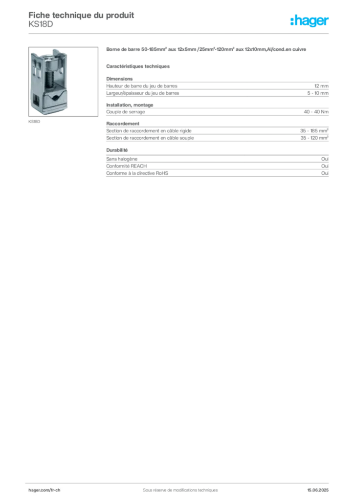 Image Hager Fiche technique du produit KS18D | Hager Suisse