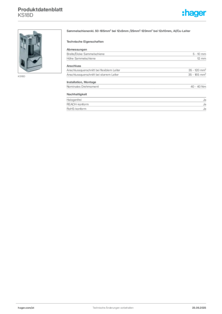 Bild Hager Produktdatenblatt KS18D | Hager Deutschland