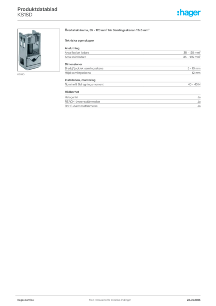 Bild Hager Produktdatablad KS18D | Hager Sverige