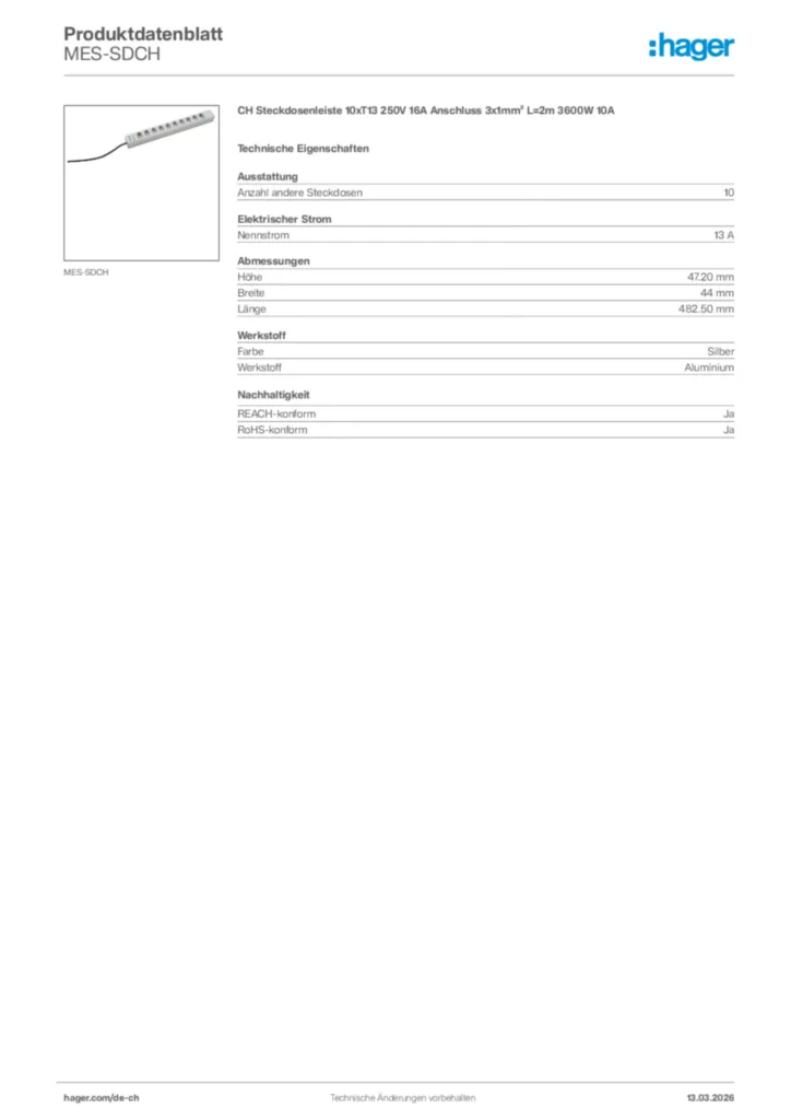 Bild Hager Produktdatenblatt MES-SDCH | Hager Schweiz