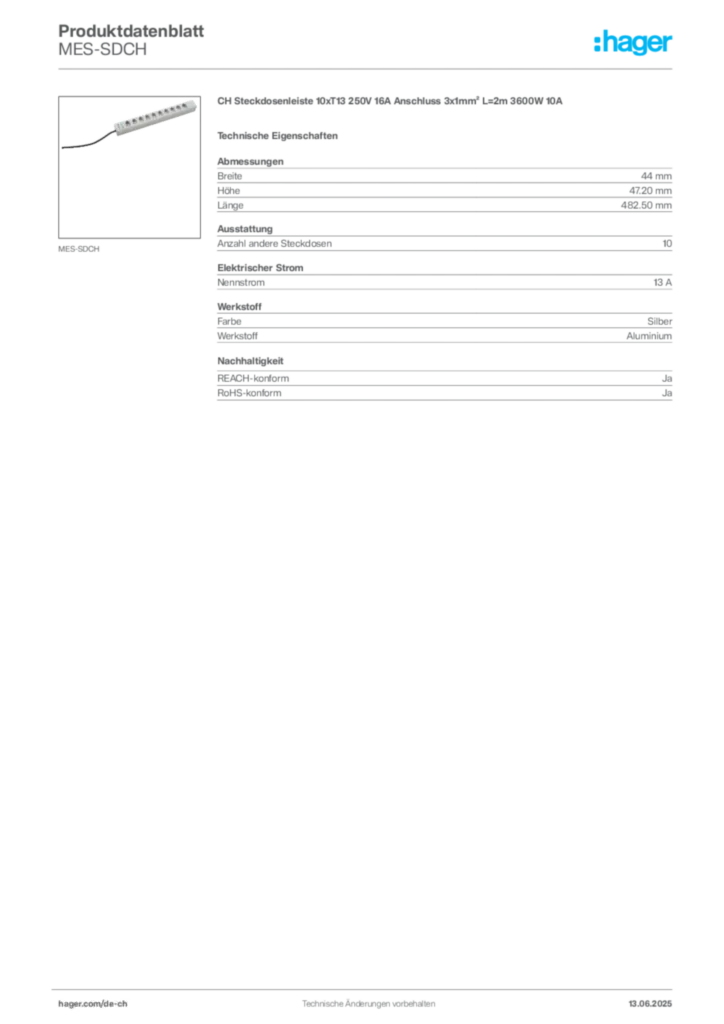 Bild Hager Produktdatenblatt MES-SDCH | Hager Schweiz