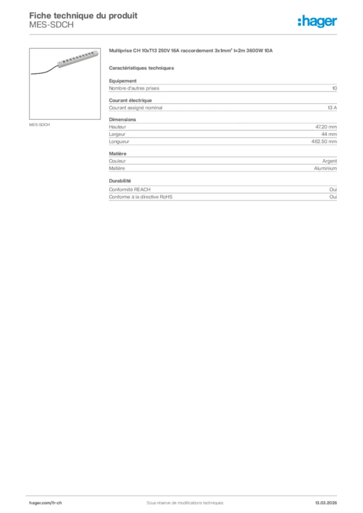 Image Hager Fiche technique du produit MES-SDCH | Hager Suisse