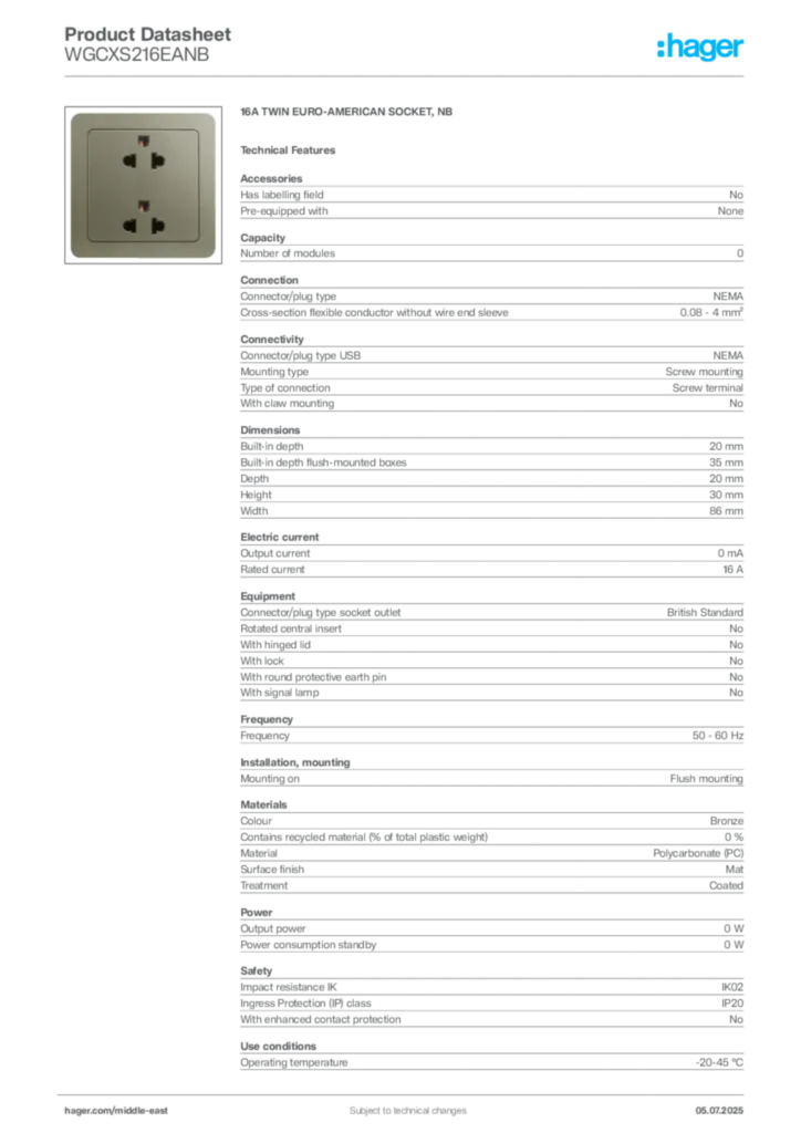 Image Hager Product data sheet WGCXS216EANB  | Hager