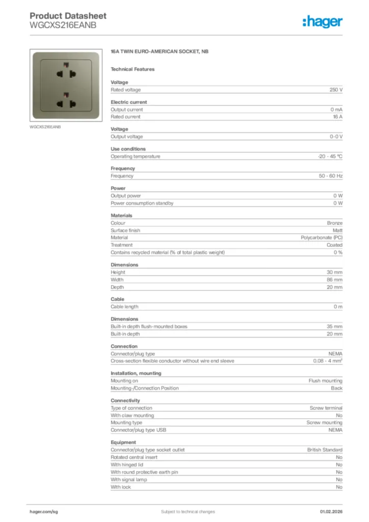 Image Hager Product data sheet WGCXS216EANB  | Hager