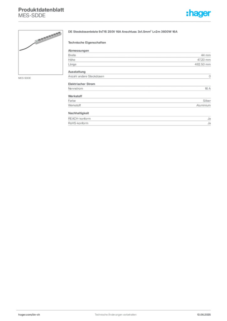 Bild Hager Produktdatenblatt MES-SDDE | Hager Schweiz