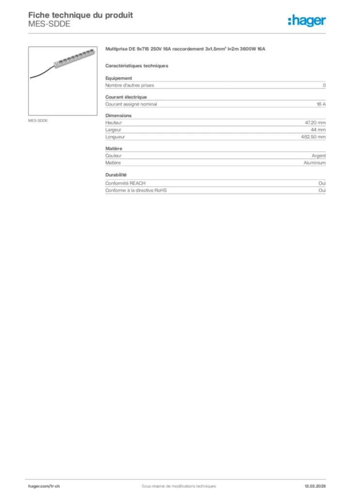 Image Hager Fiche technique du produit MES-SDDE | Hager Suisse