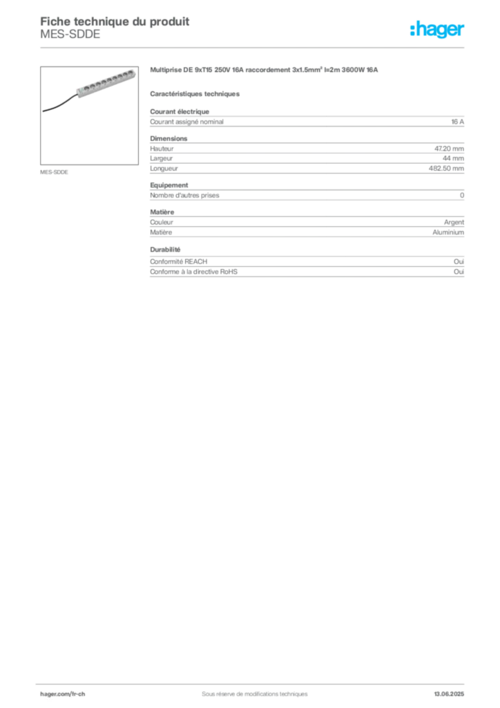 Image Hager Fiche technique du produit MES-SDDE | Hager Suisse