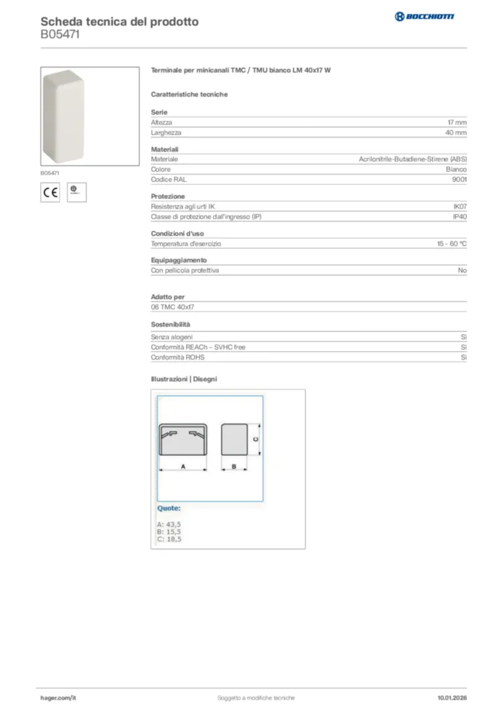 Immagine Bocchiotti Scheda tecnica del prodotto B05471 | Hager Italia