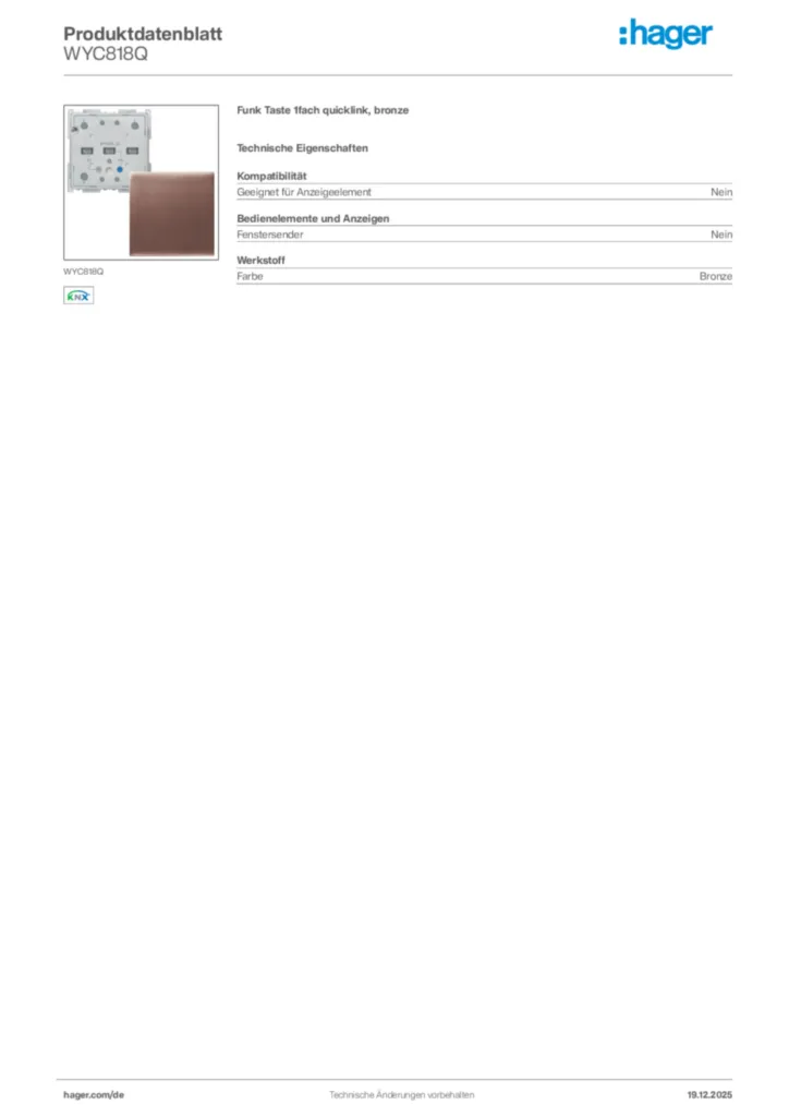 Bild Hager Produktdatenblatt WYC818Q | Hager Deutschland