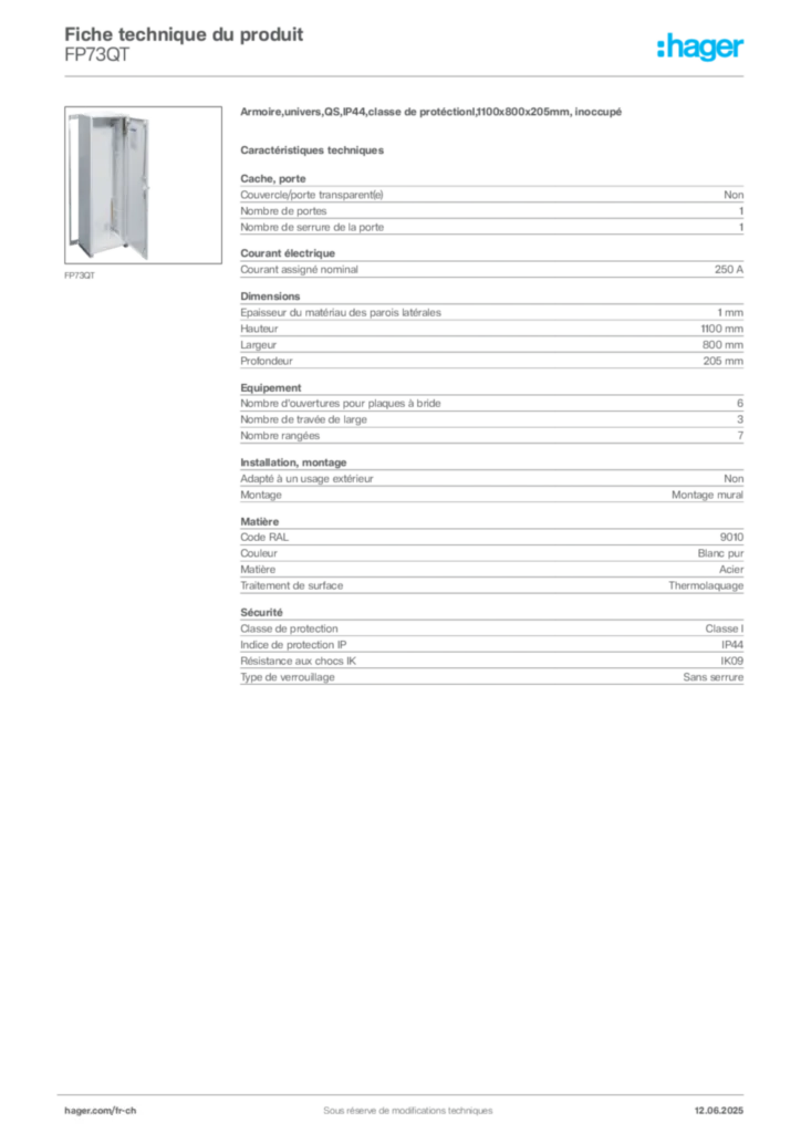 Image Hager Fiche technique du produit FP73QT | Hager Suisse