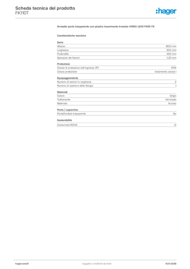 Immagine Hager Scheda tecnica del prodotto FK110T | Hager Italia