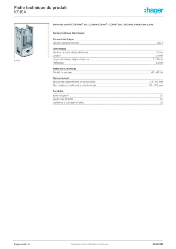 Image Hager Fiche technique du produit KS18A | Hager Suisse