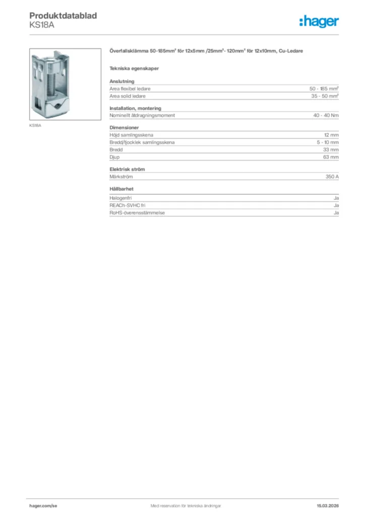 Bild Hager Produktdatablad KS18A | Hager Sverige