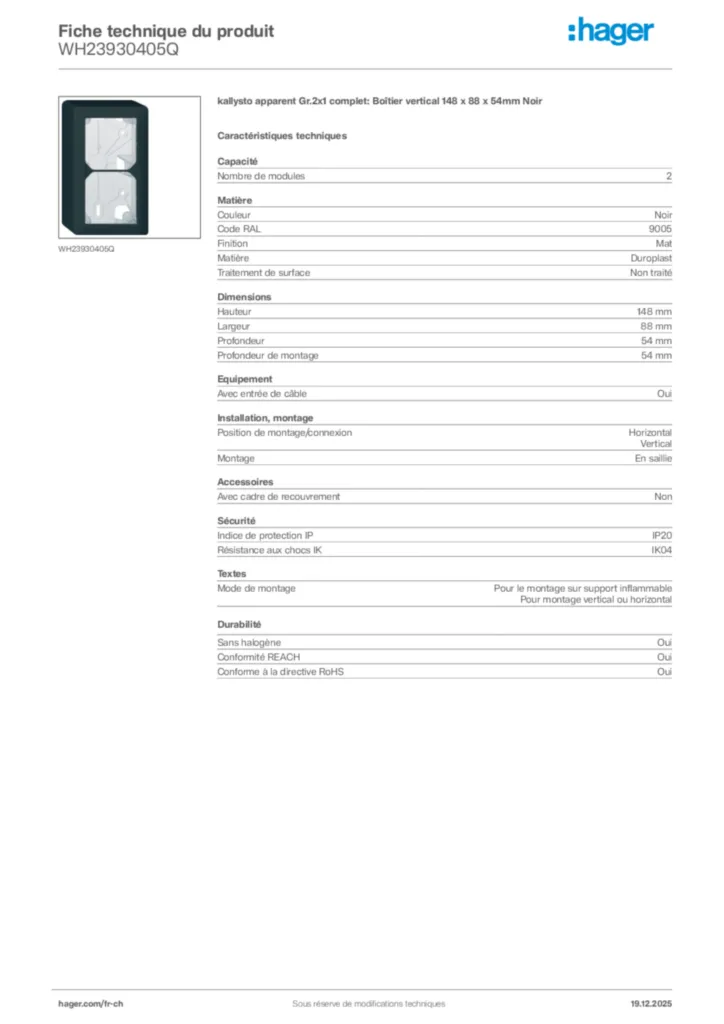 Image Hager Fiche technique du produit WH23930405Q | Hager Suisse