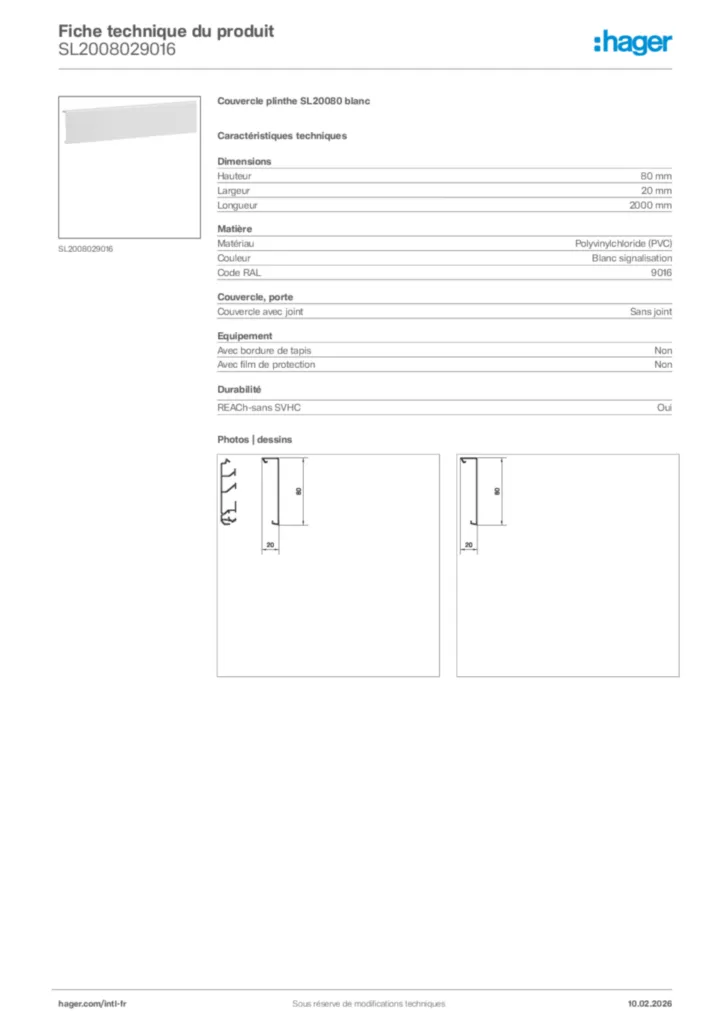 Image Hager Fiche technique du produit SL2008029016 | Hager Afrique