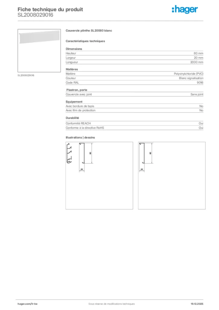 Image Hager Fiche technique du produit SL2008029016 | Hager Belgique