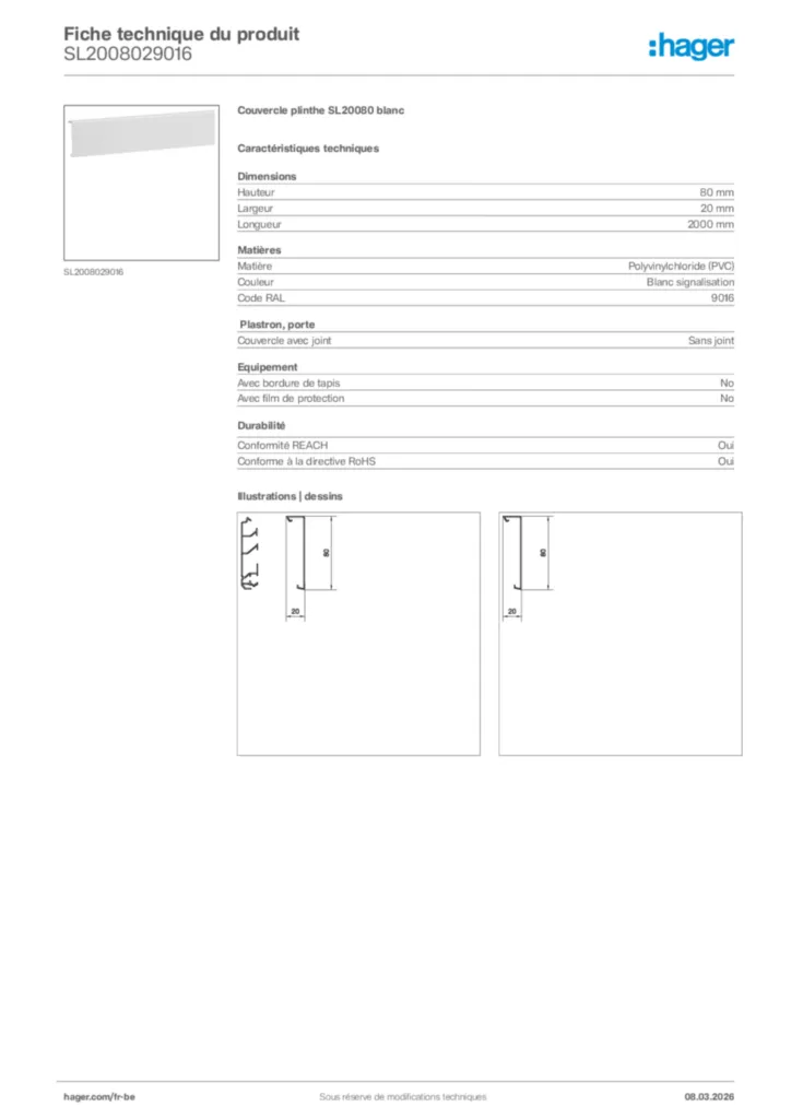 Image Hager Fiche technique du produit SL2008029016 | Hager Belgique