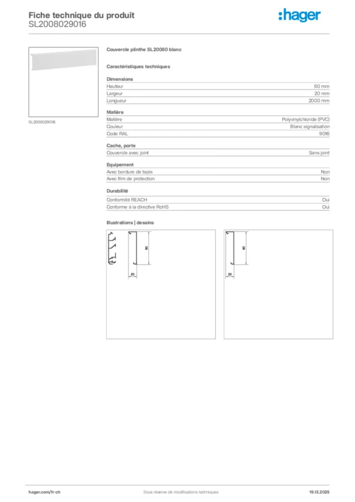 Image Hager Fiche technique du produit SL2008029016 | Hager Suisse