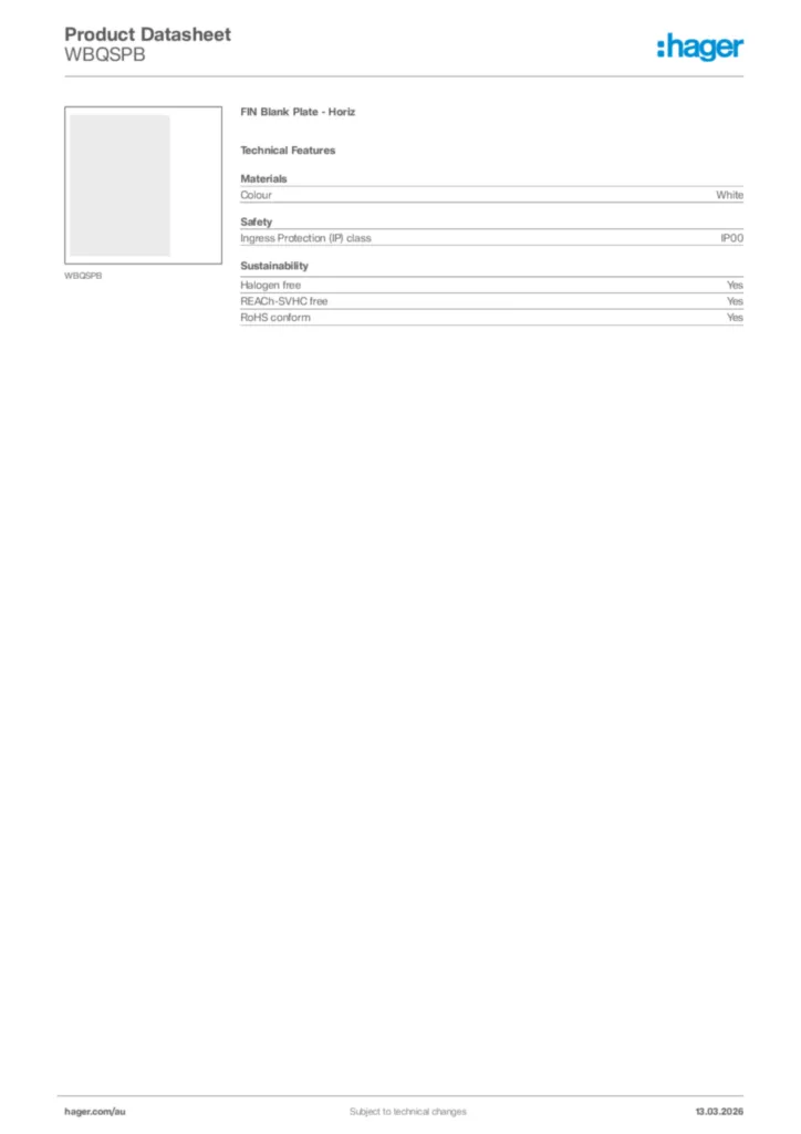 Image Hager Product data sheet WBQSPB  | Hager Australia