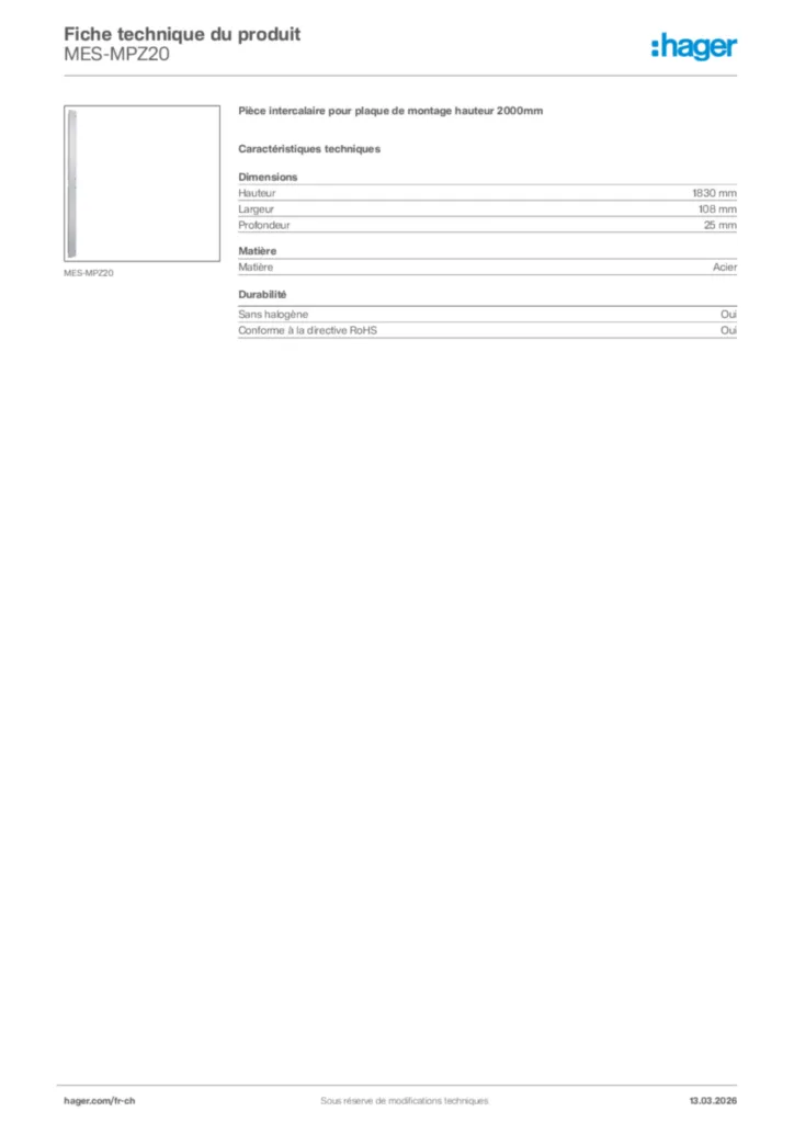 Image Hager Fiche technique du produit MES-MPZ20 | Hager Suisse