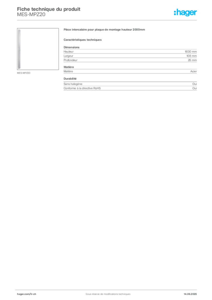 Image Hager Fiche technique du produit MES-MPZ20 | Hager Suisse