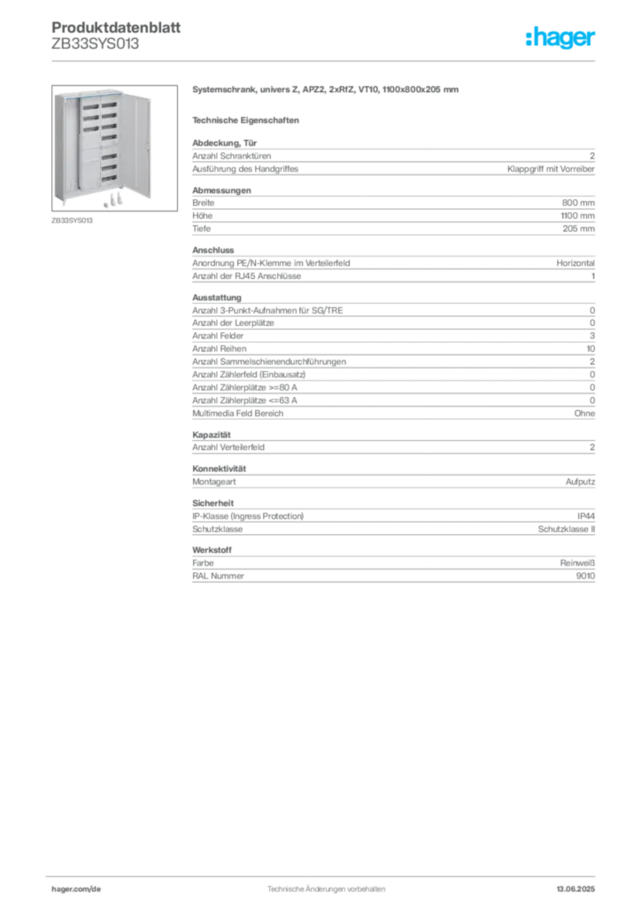 Hager Produktdatenblatt ZB33SYS013