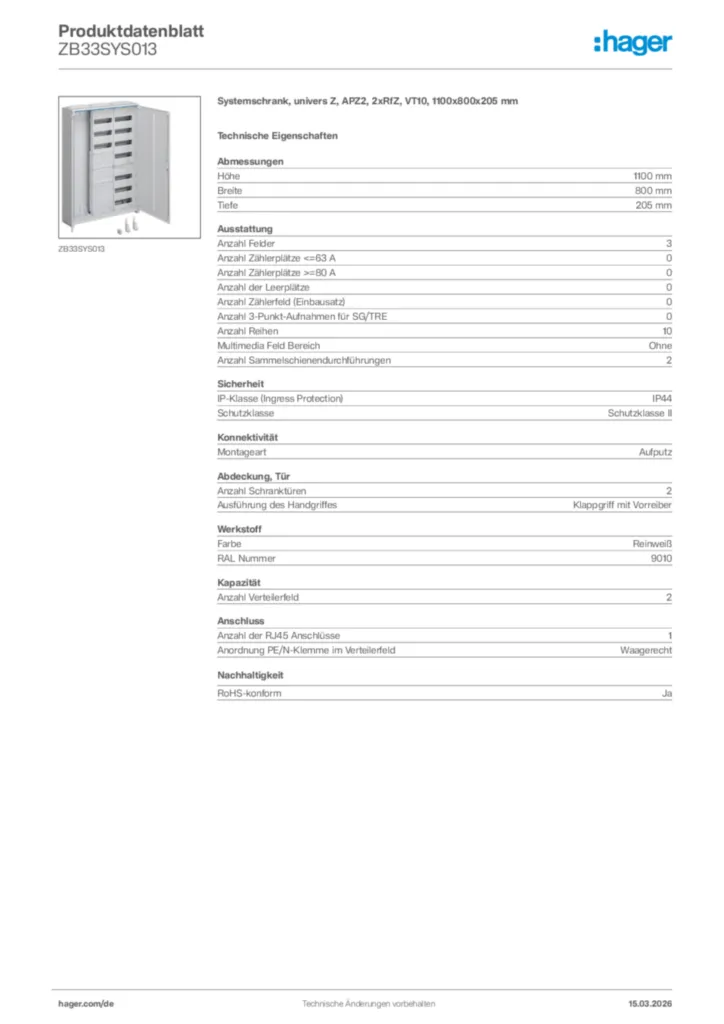 Bild Hager Produktdatenblatt ZB33SYS013 | Hager Deutschland